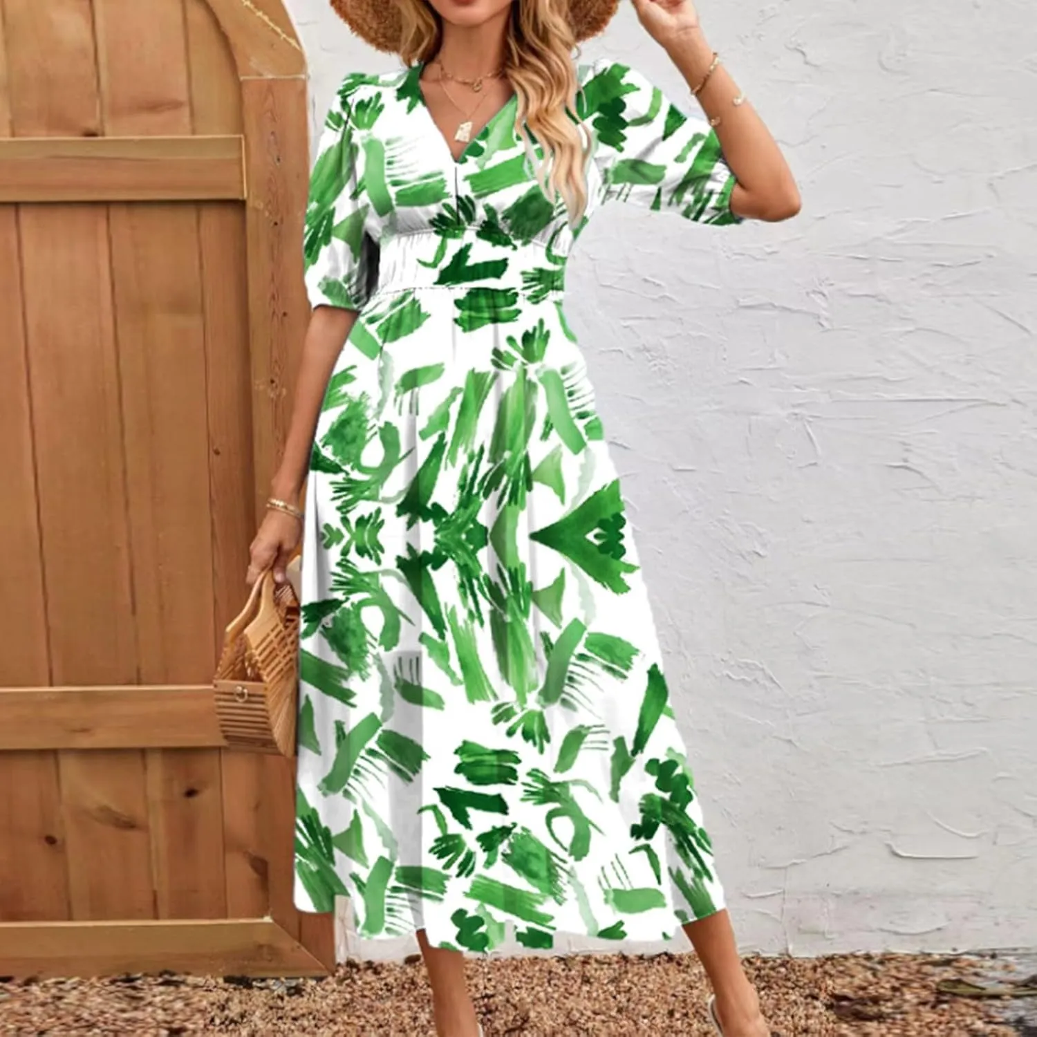 ZEFOTIM Women's Maxi Dress Trendy Floral Dress Short Sleeve V Neck Dresses