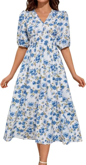 ZEFOTIM Women's Maxi Dress Trendy Floral Dress Short Sleeve V Neck Dresses