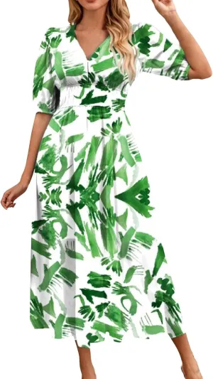 ZEFOTIM Women's Maxi Dress Trendy Floral Dress Short Sleeve V Neck Dresses
