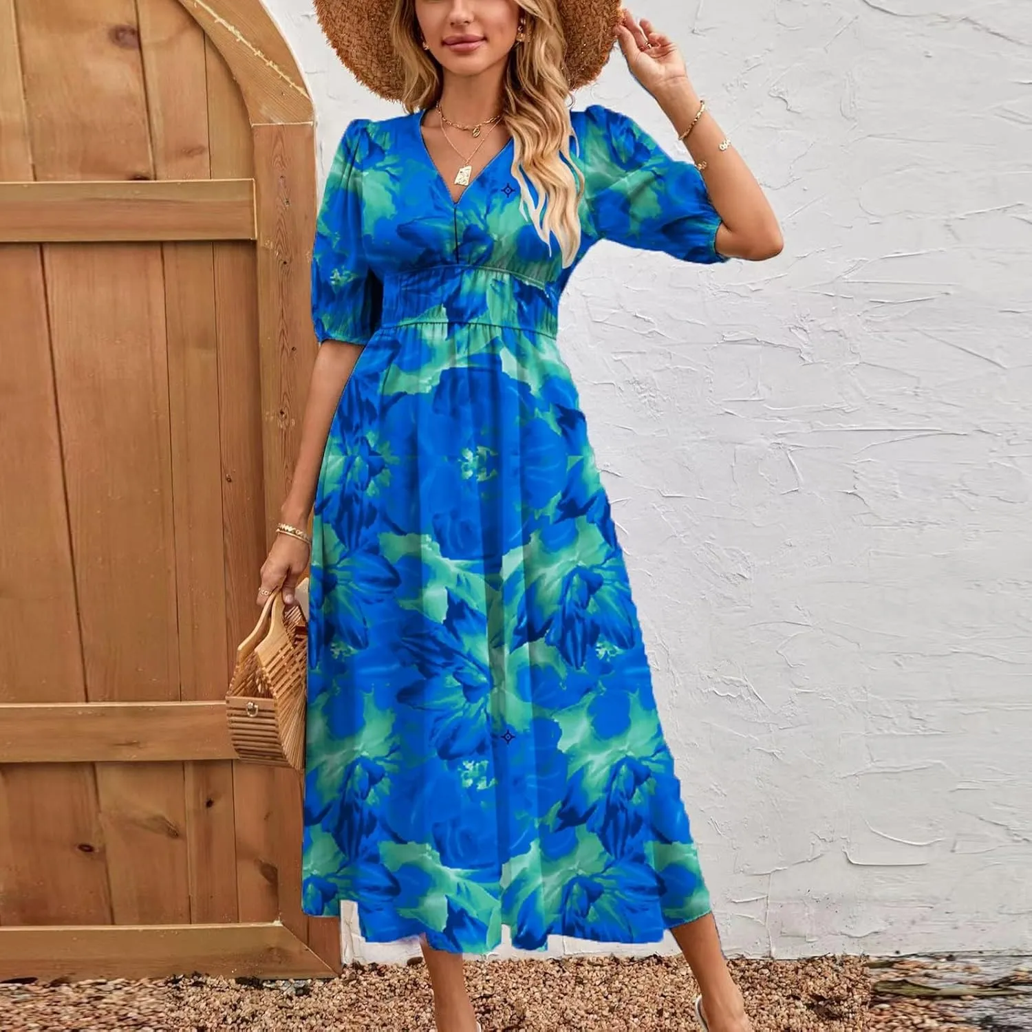 ZEFOTIM Women's Maxi Dress Trendy Floral Dress Short Sleeve V Neck Dresses