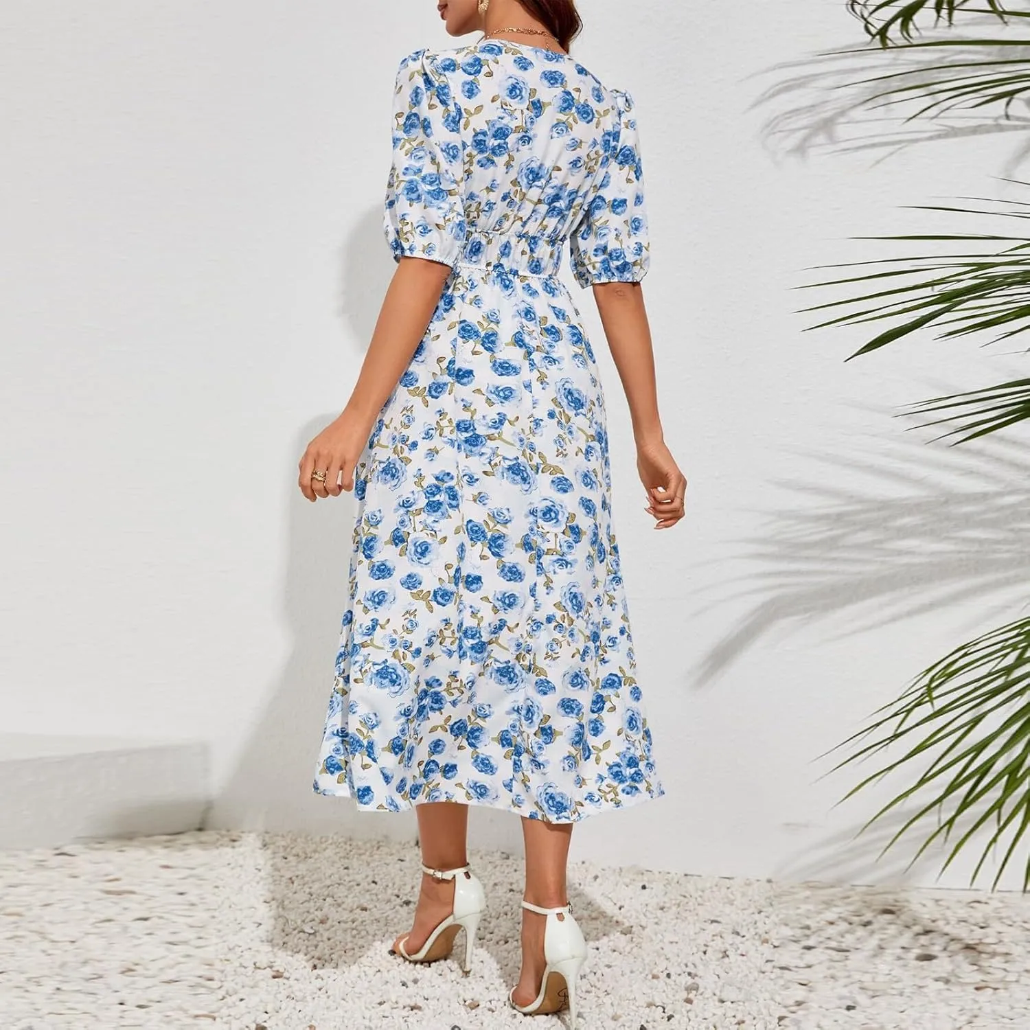 ZEFOTIM Women's Maxi Dress Trendy Floral Dress Short Sleeve V Neck Dresses