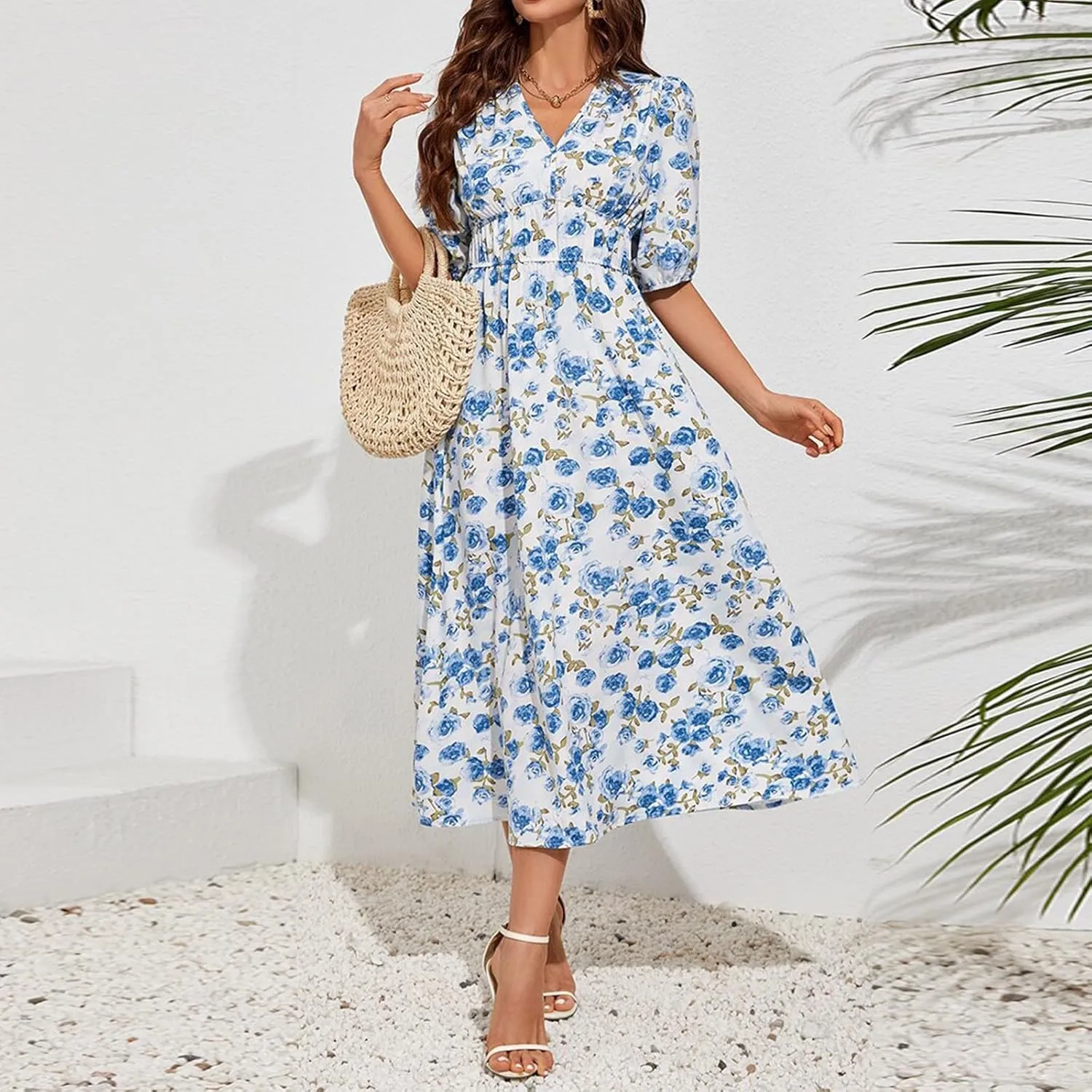 ZEFOTIM Women's Maxi Dress Trendy Floral Dress Short Sleeve V Neck Dresses